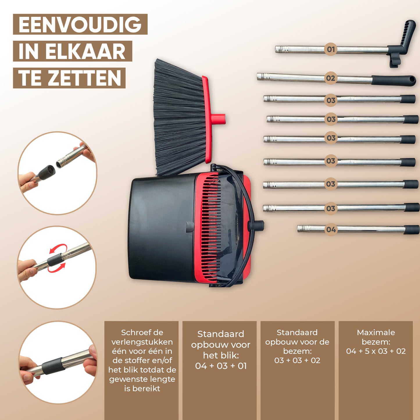 TTD® Stoffer en Blik met Lange Steel XXL - Verstelbaar 54-263 cm - Bezem - Bezemsteel - Veger en Blik - Vuilblik voor Binnen en Buiten - Ingebouwde Schoonmaaktanden