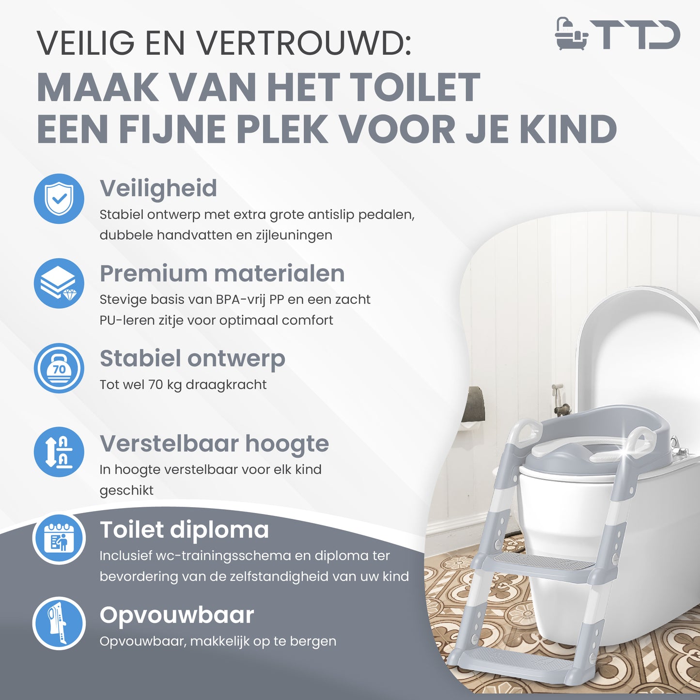 TTD® Potje Peuter - WC Verkleiner met Trapje - Toiletverkleiner - Toilettrainer met Opstapje - In Hoogte Verstelbaar en Opvouwbaar - 2 tot 8 jaar - Met Beloningssysteem en Diploma