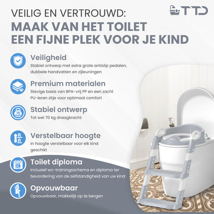 TTD® Potje Peuter - WC Verkleiner met Trapje - Toiletverkleiner - Toilettrainer met Opstapje - In Hoogte Verstelbaar en Opvouwbaar - 2 tot 8 jaar - Met Beloningssysteem en Diploma