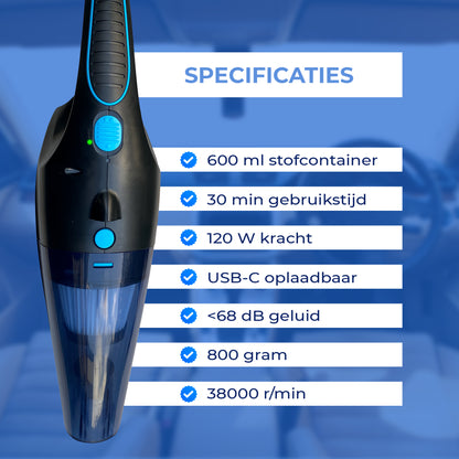 TTD® Premium Autostofzuiger Draadloos met Luxe Opbergtas - Extra Krachtig 14.000 Pa - Nat & Droog - Inclusief 2 Premium HEPA-filters - Draadloze Kruimelzuiger - Stofzuiger voor Auto - Handstofzuiger - Kruimeldief