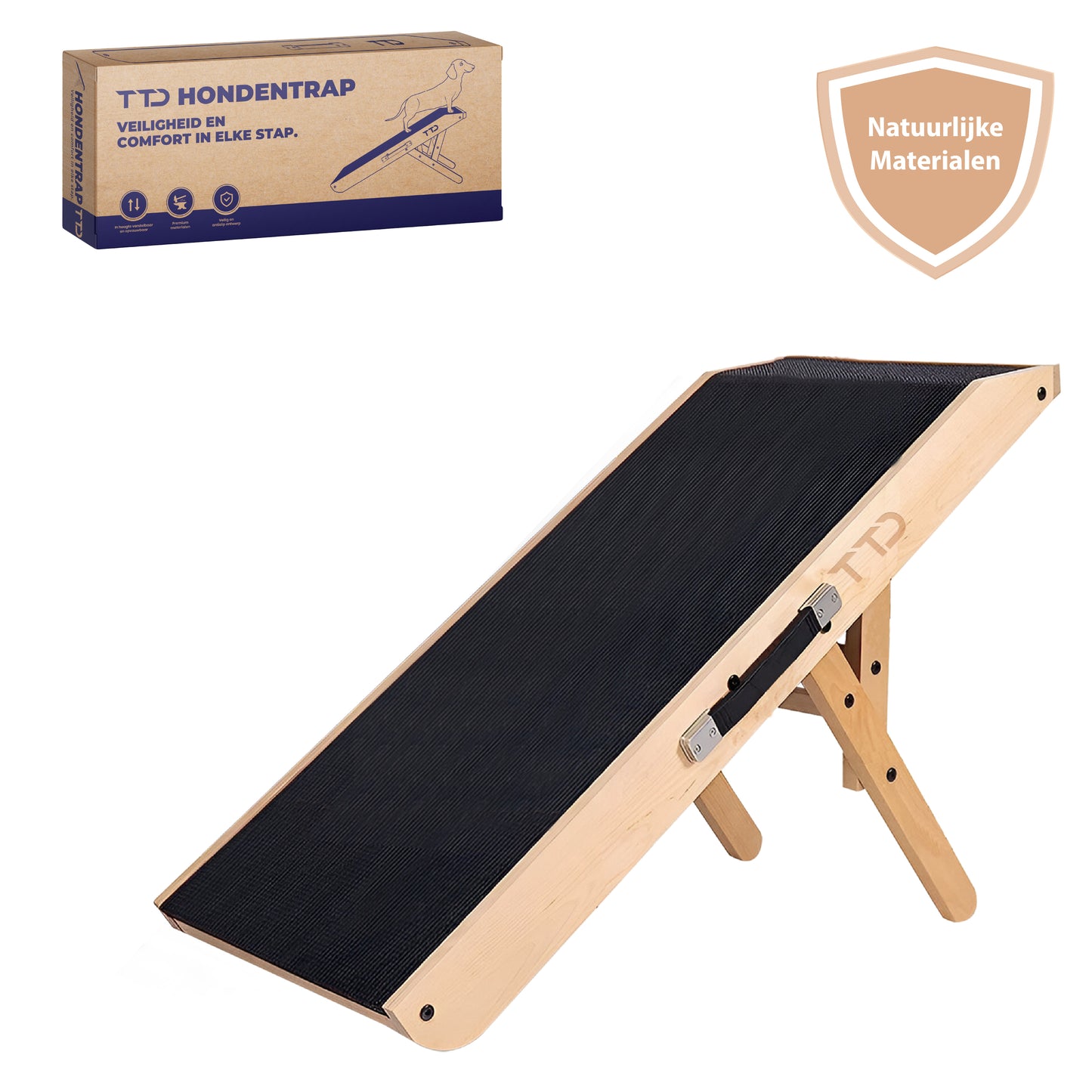TTD® Premium houten Hondentrap - Hondenloopplank Opvouwbaar - Hondentrapje voor Honden - Voor Grote en Kleine Honden - Antislip - Met Landingsplatform - Instelbaar 18 tot 53 cm - Voor Bed en Bank - Berkenhout - Met Draaghandvat