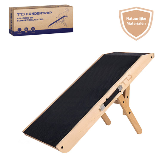 TTD® Premium houten Hondentrap - Hondenloopplank Opvouwbaar - Hondentrapje voor Honden - Voor Grote en Kleine Honden - Antislip - Met Landingsplatform - Instelbaar 18 tot 53 cm - Voor Bed en Bank - Berkenhout - Met Draaghandvat