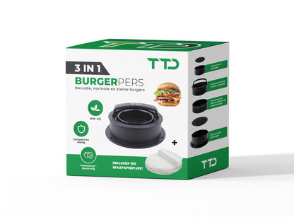 TTD® Hamburgerpers en Hamburgermaker - Smash Burger - Grillgroeven - BBQ Accesoires - Burgerpers - Barbecue Accessoires - Burger Press - Ook voor Miniburgers en Gevulde Burgers - Vaatwasserbestendig - BPA Vrij - Inclusief 100 Waxpapiertjes - Zwart