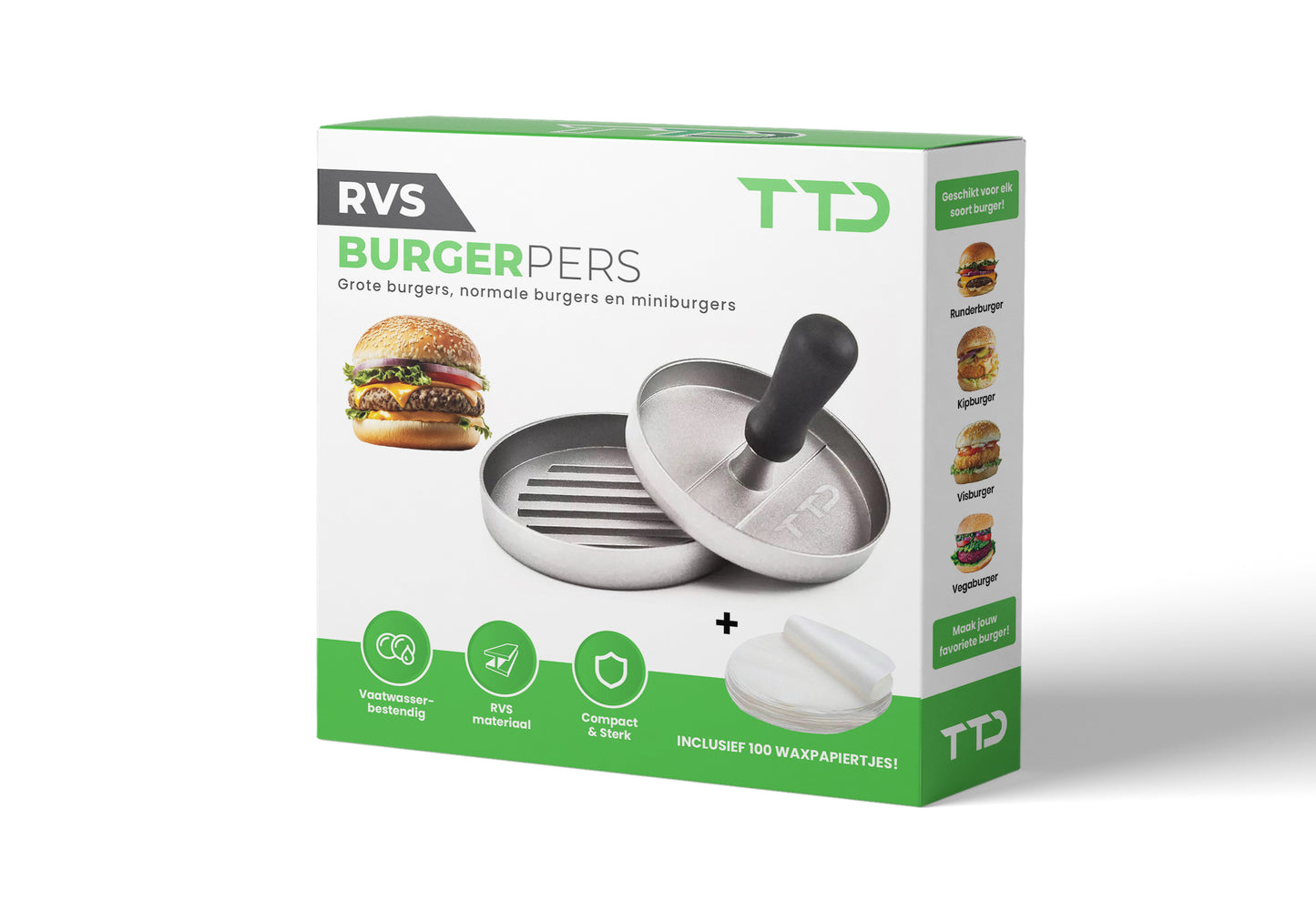 TTD® Hamburgerpers en Hamburgermaker - Smash Burger - Hittebestendig - Strakke Grillgroeven - BBQ Accesoires - BBQ Gereedschap - Barbecue Accessoires - Burger Press - Vaatwasserbestendig - Inclusief 100 Waxpapiertjes - RVS