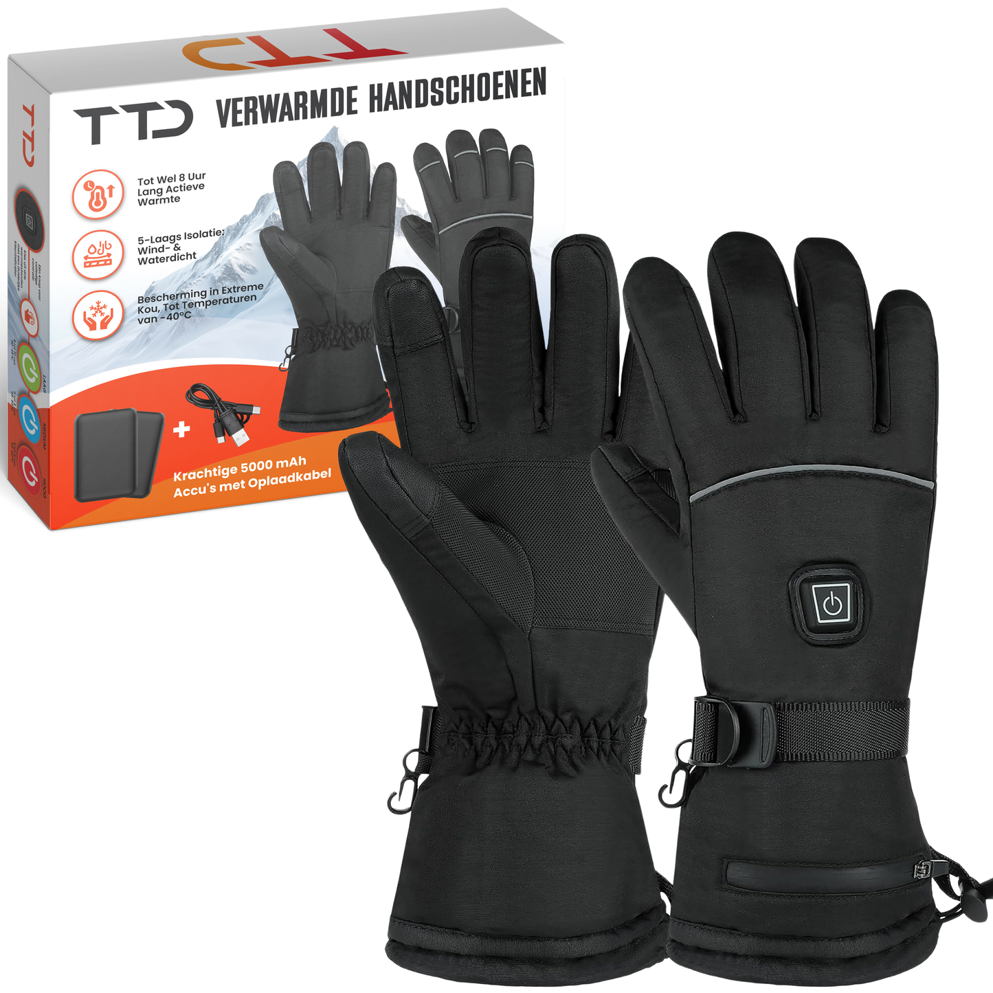 Verwarmde handschoenen large (L), USB-oplaadbaar, 40-60 °C, touchscreen & 3 warmtestanden