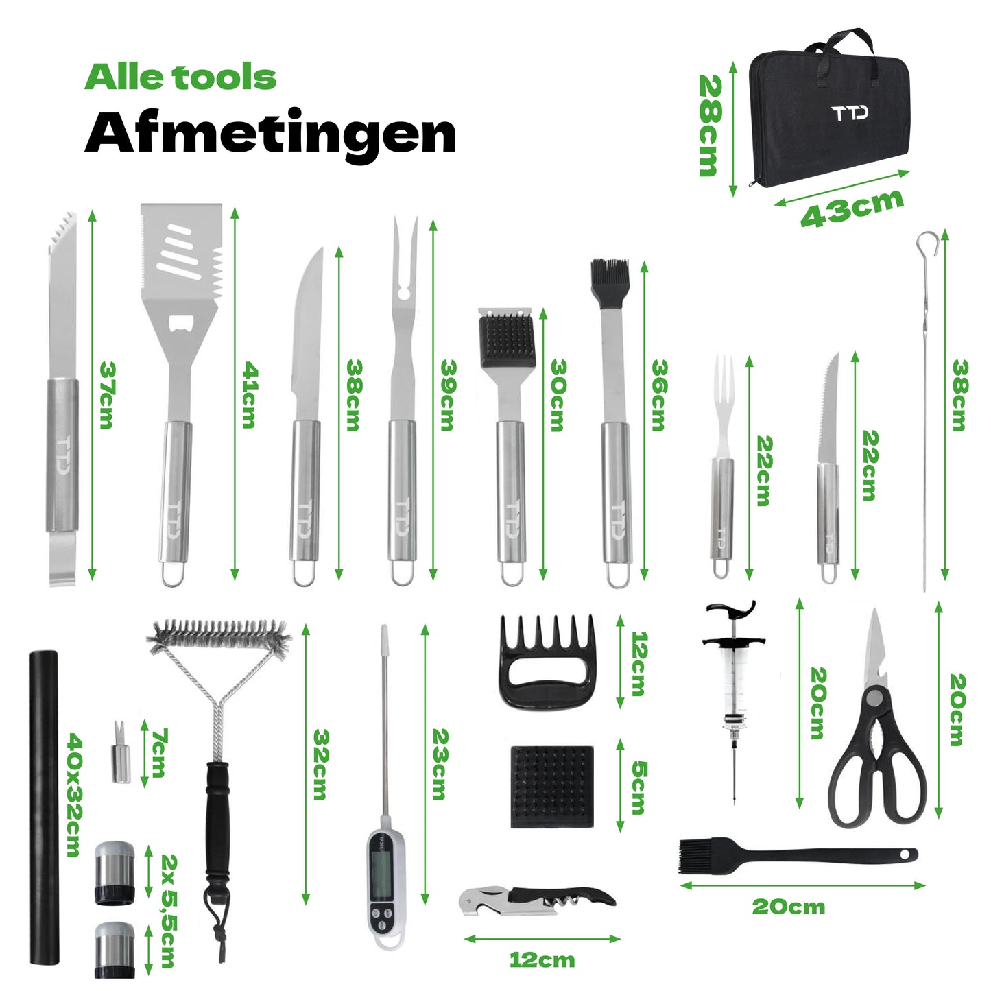 TTD® Premium BBQ Accesoires Set 40-delig - BBQ Gereedschapset RVS - Barbecue Accessoires - BBQ Tang - BBQ Spatel - Inclusief BBQ Thermometer en Schoonmaak Borstel - Inclusief Opbergtas