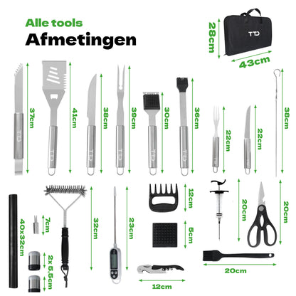 TTD® Premium BBQ Accesoires Set 40-delig - BBQ Gereedschapset RVS - Barbecue Accessoires - BBQ Tang - BBQ Spatel - Inclusief BBQ Thermometer en Schoonmaak Borstel - Inclusief Opbergtas