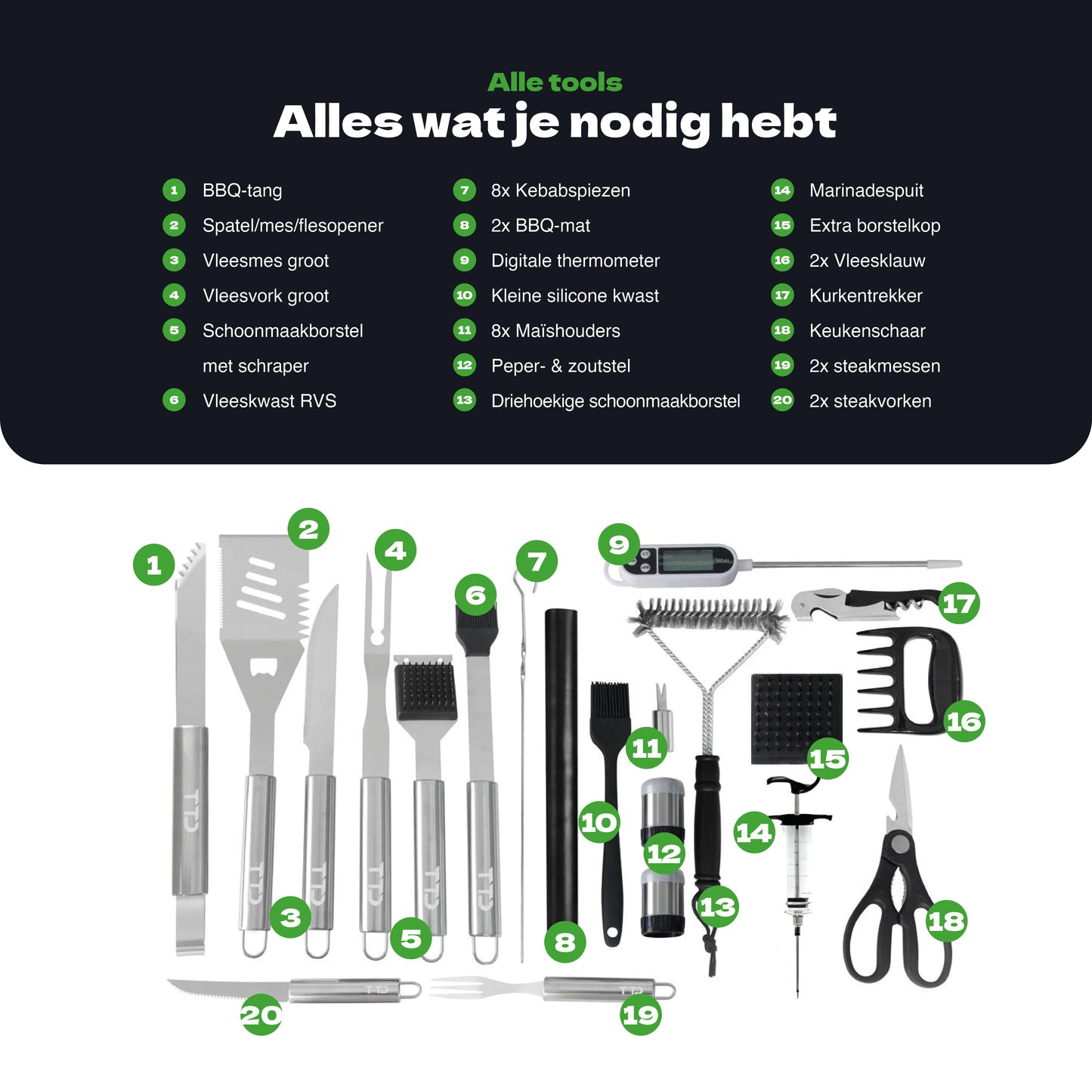 TTD® Premium BBQ Accesoires Set 40-delig - BBQ Gereedschapset RVS - Barbecue Accessoires - BBQ Tang - BBQ Spatel - Inclusief BBQ Thermometer en Schoonmaak Borstel - Inclusief Opbergtas