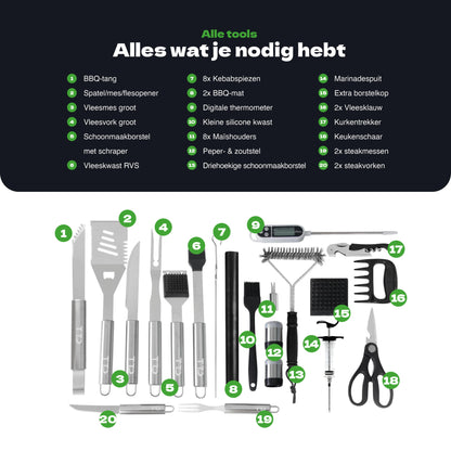 TTD® Premium BBQ Accesoires Set 40-delig - BBQ Gereedschapset RVS - Barbecue Accessoires - BBQ Tang - BBQ Spatel - Inclusief BBQ Thermometer en Schoonmaak Borstel - Inclusief Opbergtas