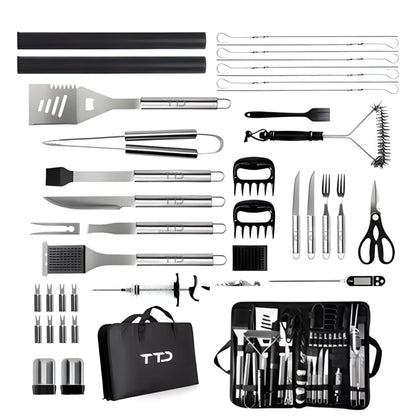 TTD® Premium BBQ Accesoires Set 40-delig - BBQ Gereedschapset RVS - Barbecue Accessoires - BBQ Tang - BBQ Spatel - Inclusief BBQ Thermometer en Schoonmaak Borstel - Inclusief Opbergtas