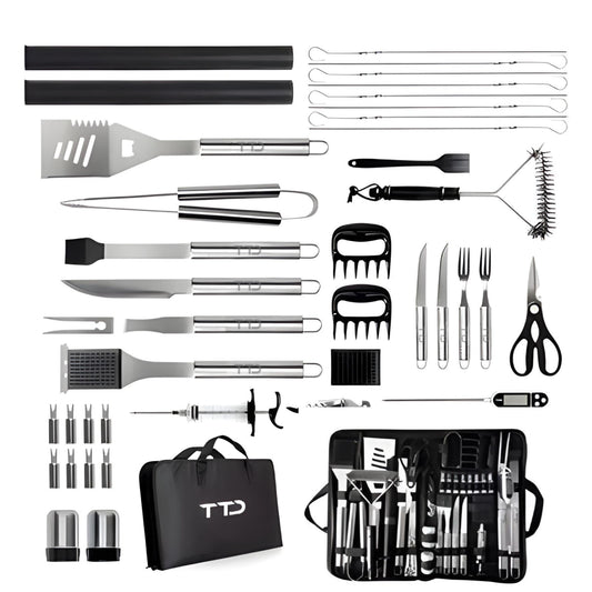 TTD® Premium BBQ Accesoires Set 40-delig - BBQ Gereedschapset RVS - Barbecue Accessoires - BBQ Tang - BBQ Spatel - Inclusief BBQ Thermometer en Schoonmaak Borstel - Inclusief Opbergtas