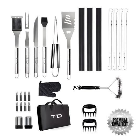 TTD® Premium BBQ Accesoires Set 30-delig - BBQ Gereedschapset RVS - Barbecue Accessoires - BBQ Tang - BBQ Spatel - Met BBQ Handschoenen en Schoonmaak Borstel - Inclusief Opbergtas