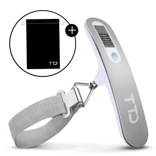 TTD® Kofferweegschaal met Travel Bag - Weegcapaciteit 50 kg - Bagageweegschaal - Bagageweger - Hangweegschaal - Digital Luggage Scale - Kofferweger - Reizen met Vliegtuig - kg/g/lbs/oz - Inclusief Batterijen - Wit