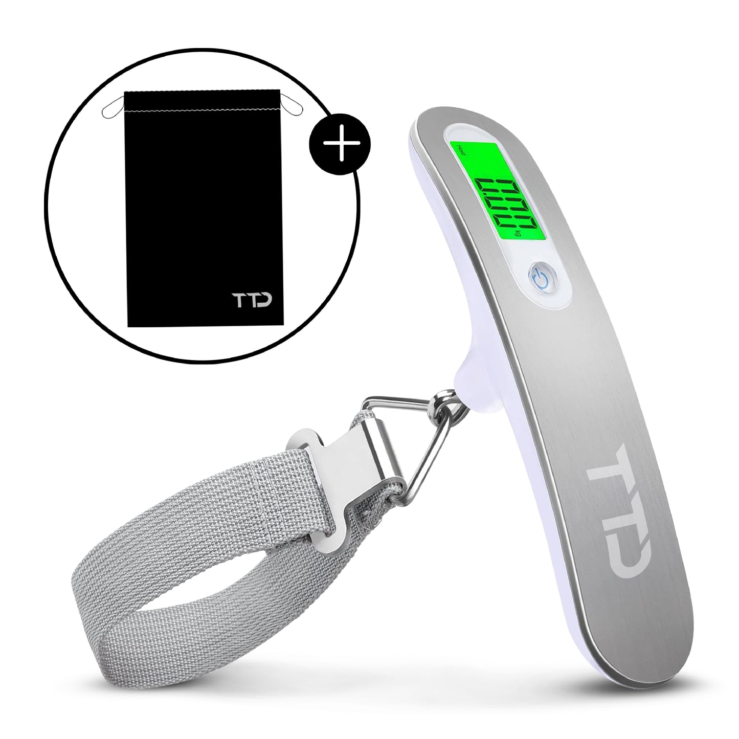 TTD® Kofferweegschaal met Verlicht Scherm en Travel Bag - Weegcapaciteit 50 kg - Bagageweegschaal - Bagageweger - Hangweegschaal - Digital Luggage Scale - Kofferweger - Reizen met Vliegtuig - kg/g/lbs/oz - Inclusief Batterijen - Wit