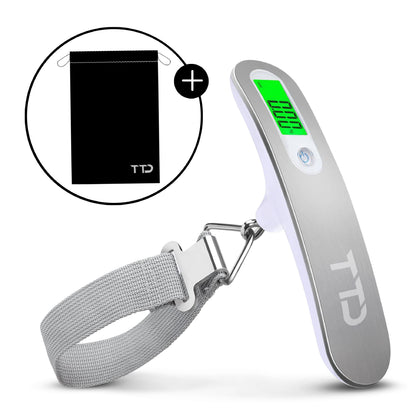TTD® Kofferweegschaal met Verlicht Scherm en Travel Bag - Weegcapaciteit 50 kg - Bagageweegschaal - Bagageweger - Hangweegschaal - Digital Luggage Scale - Kofferweger - Reizen met Vliegtuig - kg/g/lbs/oz - Inclusief Batterijen - Wit
