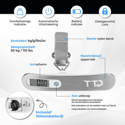 TTD® Kofferweegschaal met Travel Bag - Weegcapaciteit 50 kg - Bagageweegschaal - Bagageweger - Hangweegschaal - Digital Luggage Scale - Kofferweger - Reizen met Vliegtuig - kg/g/lbs/oz - Inclusief Batterijen - Wit