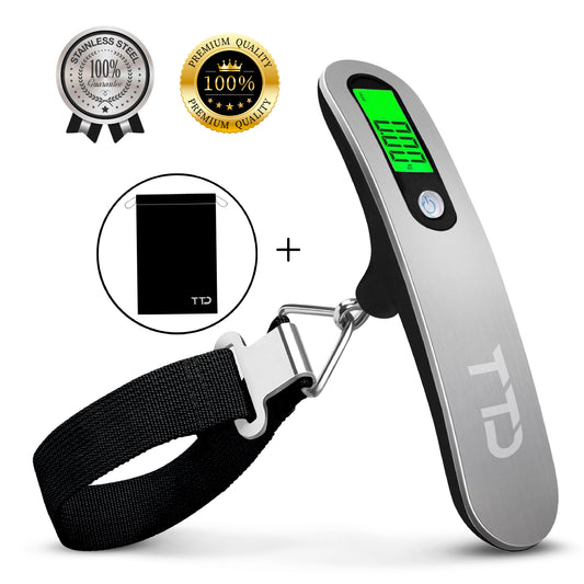 TTD® Kofferweegschaal met Verlicht Scherm en Travel Bag - Weegcapaciteit 50 kg - Bagageweegschaal - Bagageweger - Hangweegschaal - Digital Luggage Scale - Kofferweger - Reizen met Vliegtuig - kg/g/lbs/oz - Inclusief Batterijen - Zwart