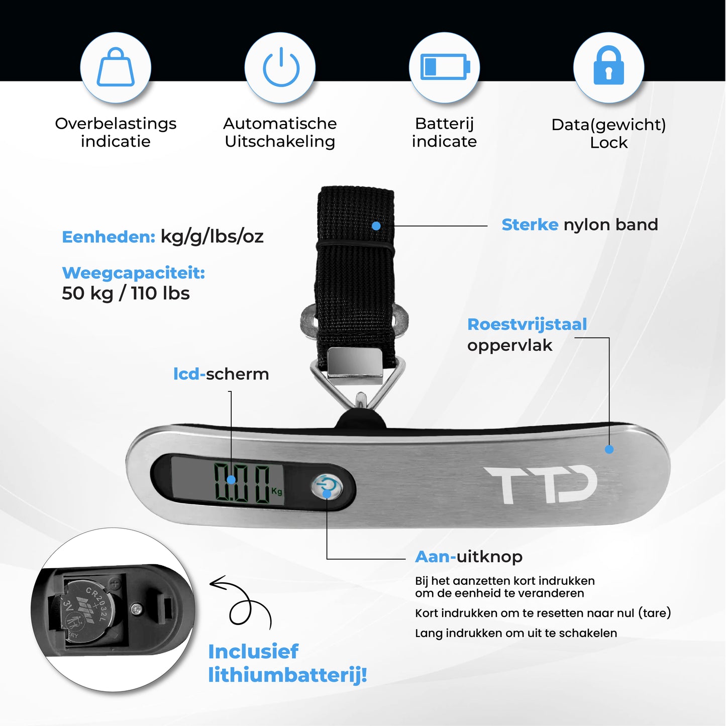 TTD® Kofferweegschaal - Weegcapaciteit 50 kg - Bagageweegschaal - Bagageweger - Hangweegschaal - Digital Luggage Scale - Kofferweger - Reizen met Vliegtuig - kg/g/lbs/oz - Inclusief Batterijen - Zwart
