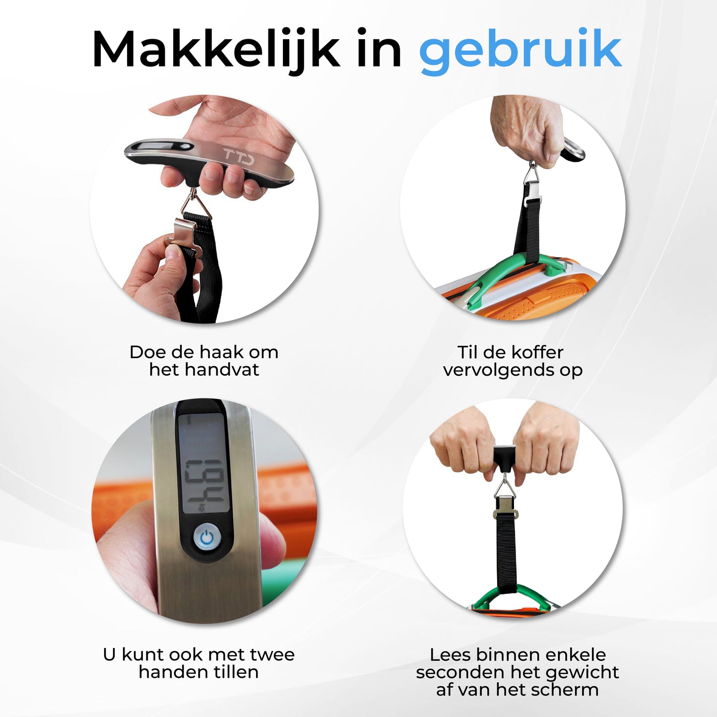 TTD® Kofferweegschaal - Weegcapaciteit 50 kg - Bagageweegschaal - Bagageweger - Hangweegschaal - Digital Luggage Scale - Kofferweger - Reizen met Vliegtuig - kg/g/lbs/oz - Inclusief Batterijen - Zwart