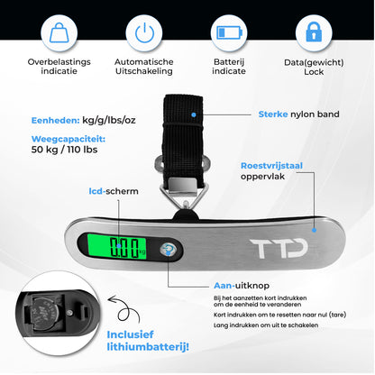 TTD® Kofferweegschaal met Verlicht Scherm en Travel Bag - Weegcapaciteit 50 kg - Bagageweegschaal - Bagageweger - Hangweegschaal - Digital Luggage Scale - Kofferweger - Reizen met Vliegtuig - kg/g/lbs/oz - Inclusief Batterijen - Zwart