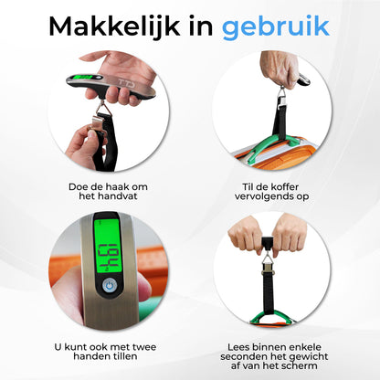 TTD® Kofferweegschaal met Verlicht Scherm en Travel Bag - Weegcapaciteit 50 kg - Bagageweegschaal - Bagageweger - Hangweegschaal - Digital Luggage Scale - Kofferweger - Reizen met Vliegtuig - kg/g/lbs/oz - Inclusief Batterijen - Zwart