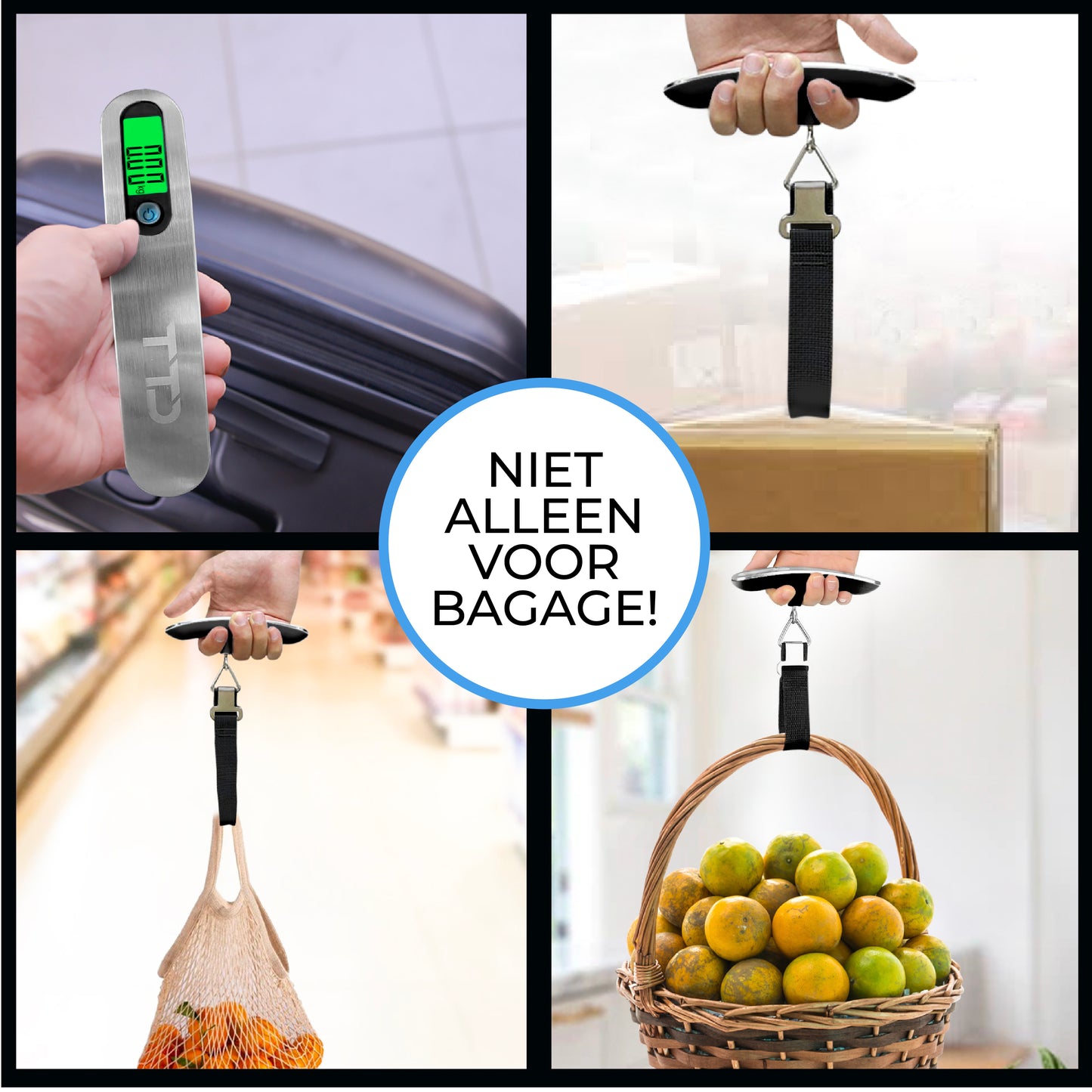 TTD® Kofferweegschaal met Verlicht Scherm en Travel Bag - Weegcapaciteit 50 kg - Bagageweegschaal - Bagageweger - Hangweegschaal - Digital Luggage Scale - Kofferweger - Reizen met Vliegtuig - kg/g/lbs/oz - Inclusief Batterijen - Zwart