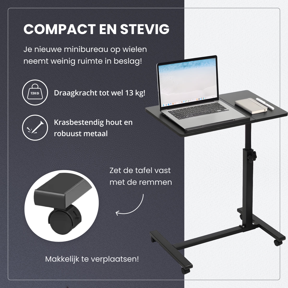 TTD® Premium Bijzettafel op Wieltjes - Laptoptafel Verstelbaar - Bedtafel op Wielen - Laptopstandaard - Verstelbaar in Hoek en in Hoogte - Zwart - Links