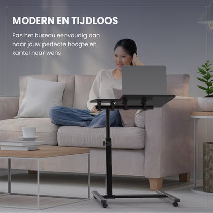 TTD® Premium Bijzettafel op Wieltjes - Laptoptafel Verstelbaar - Bedtafel op Wielen - Laptopstandaard - Verstelbaar in Hoek en in Hoogte - Zwart - Links