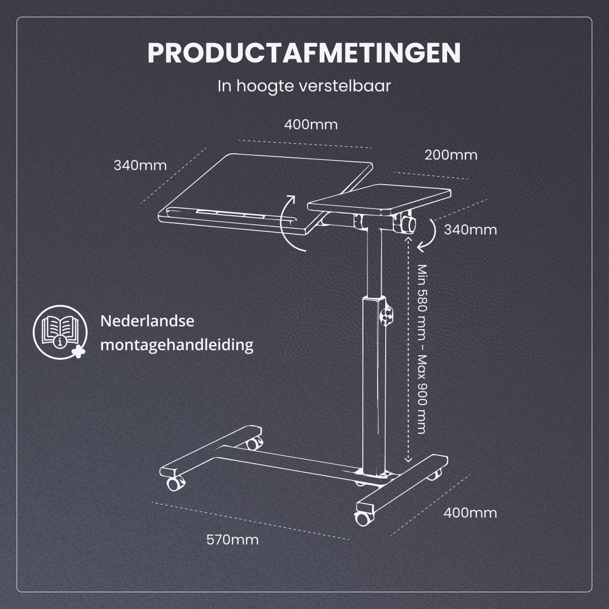TTD® Premium Bijzettafel op Wieltjes - Laptoptafel Verstelbaar - Bedtafel op Wielen - Laptopstandaard - Verstelbaar in Hoek en in Hoogte - Zwart - Links