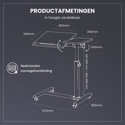 TTD® Premium Bijzettafel op Wieltjes - Laptoptafel Verstelbaar - Bedtafel op Wielen - Laptopstandaard - Verstelbaar in Hoek en in Hoogte - Zwart - Links