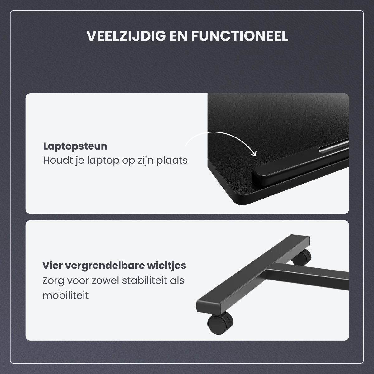 TTD® Premium Bijzettafel op Wieltjes - Laptoptafel Verstelbaar - Bedtafel op Wielen - Laptopstandaard - Verstelbaar in Hoek en in Hoogte - Zwart - Links