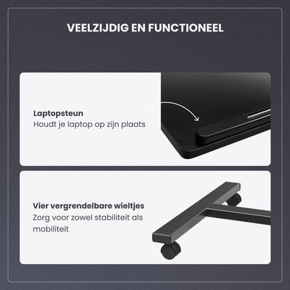 TTD® Premium Bijzettafel op Wieltjes - Laptoptafel Verstelbaar - Bedtafel op Wielen - Laptopstandaard - Verstelbaar in Hoek en in Hoogte - Zwart - Links