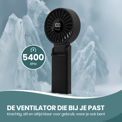 TTD® Handventilator Oplaadbaar - Mini Ventilator - 5 Standen met Digitaal Display - 150 Graden Draaibaar - Vasthouden, Neerzetten of aan Je Nek Hangen - USB-C Oplaadbaar - 5000 mAh Batterij
