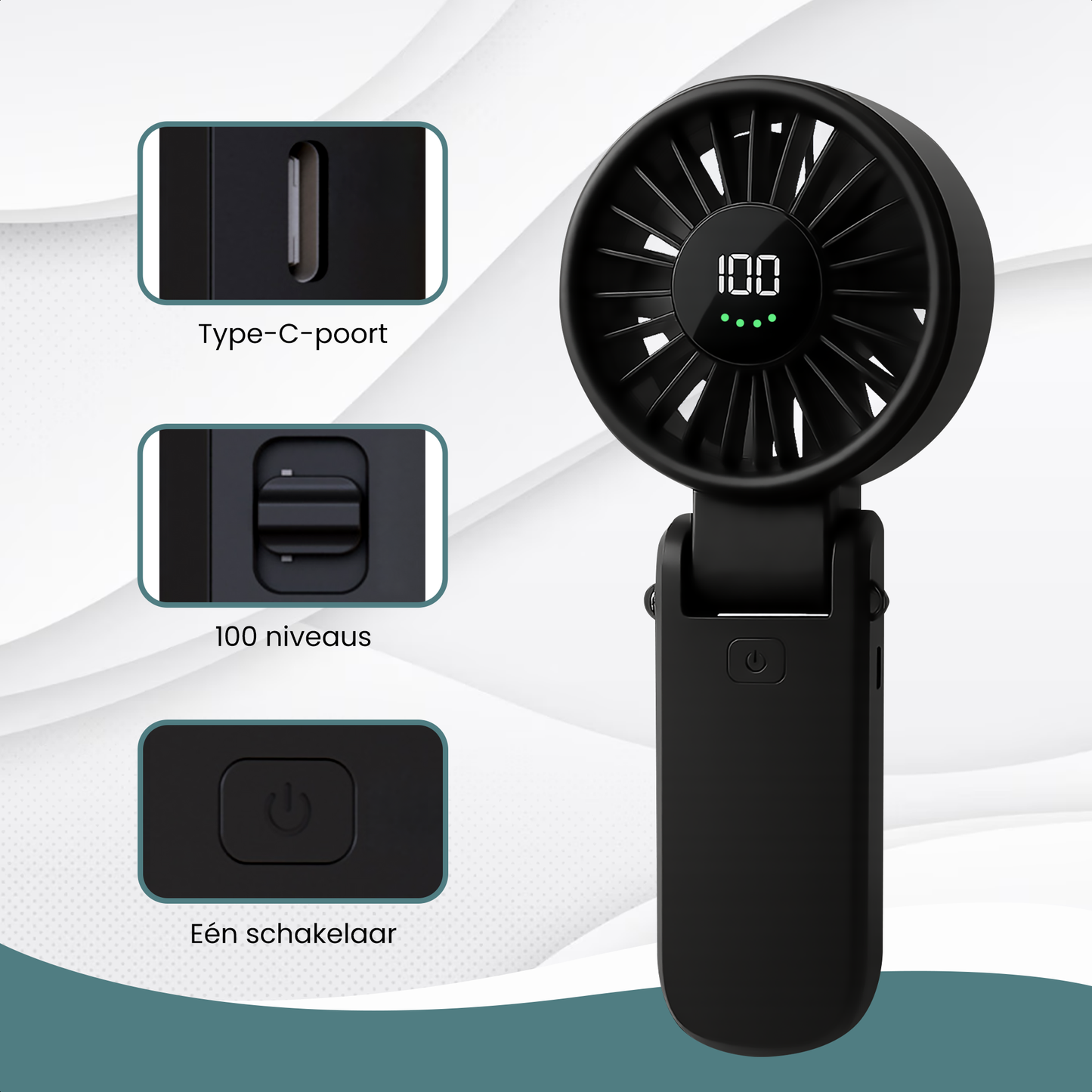 TTD® Handventilator Oplaadbaar - Mini Ventilator - 5 Standen met Digitaal Display - 150 Graden Draaibaar - Vasthouden, Neerzetten of aan Je Nek Hangen - USB-C Oplaadbaar - 5000 mAh Batterij