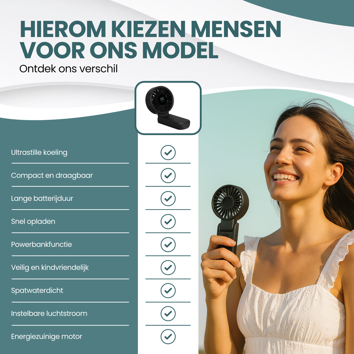 TTD® Handventilator Oplaadbaar - Mini Ventilator - 5 Standen met Digitaal Display - 150 Graden Draaibaar - Vasthouden, Neerzetten of aan Je Nek Hangen - USB-C Oplaadbaar - 5000 mAh Batterij