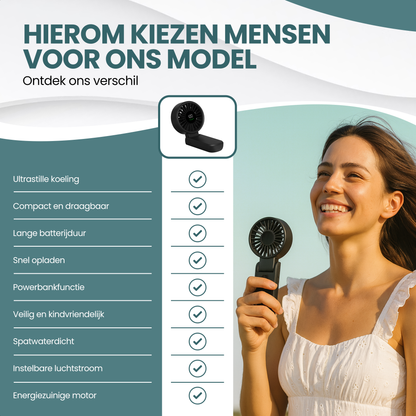 TTD® Handventilator Oplaadbaar - Mini Ventilator - 5 Standen met Digitaal Display - 150 Graden Draaibaar - Vasthouden, Neerzetten of aan Je Nek Hangen - USB-C Oplaadbaar - 5000 mAh Batterij