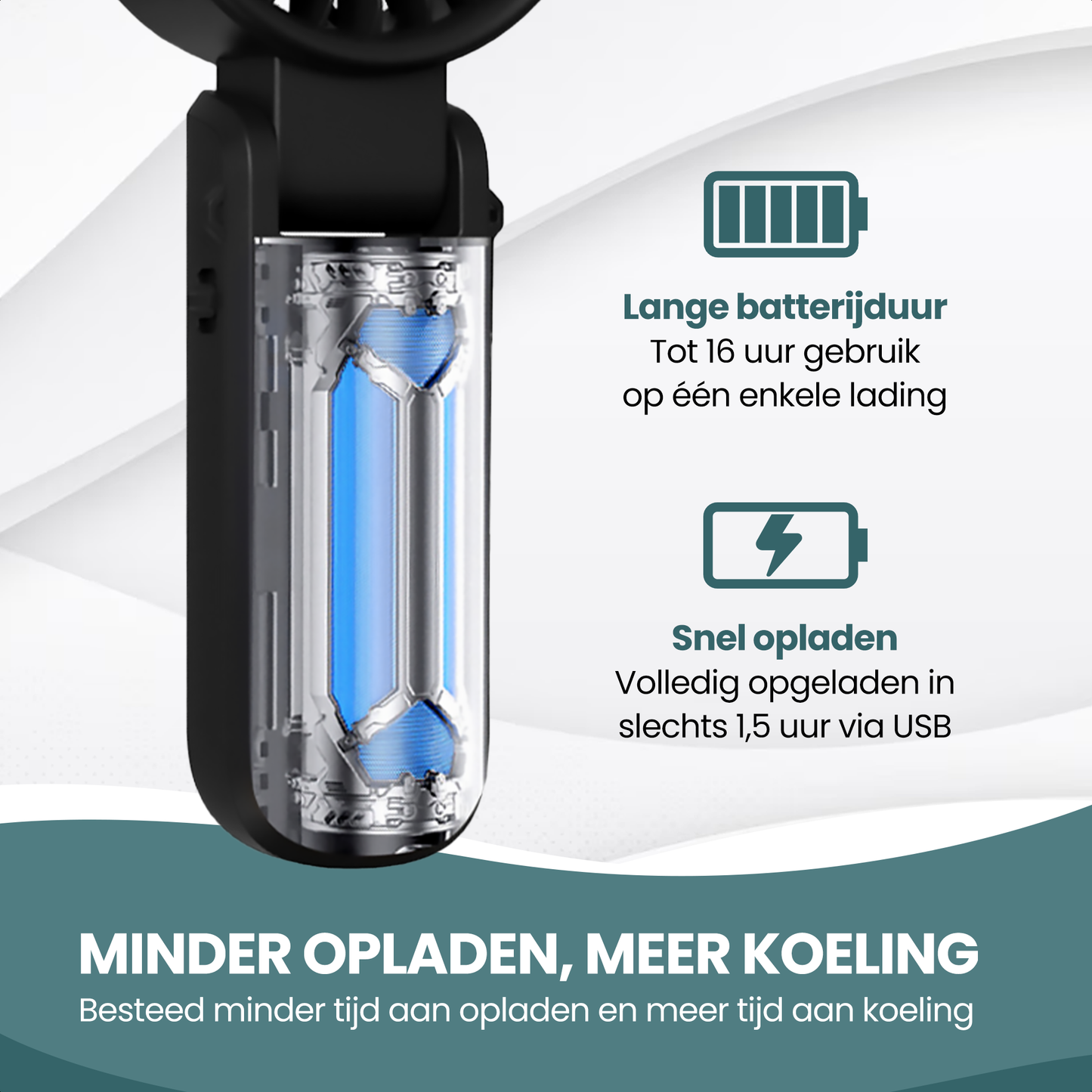 TTD® Handventilator Oplaadbaar - Mini Ventilator - 5 Standen met Digitaal Display - 150 Graden Draaibaar - Vasthouden, Neerzetten of aan Je Nek Hangen - USB-C Oplaadbaar - 5000 mAh Batterij