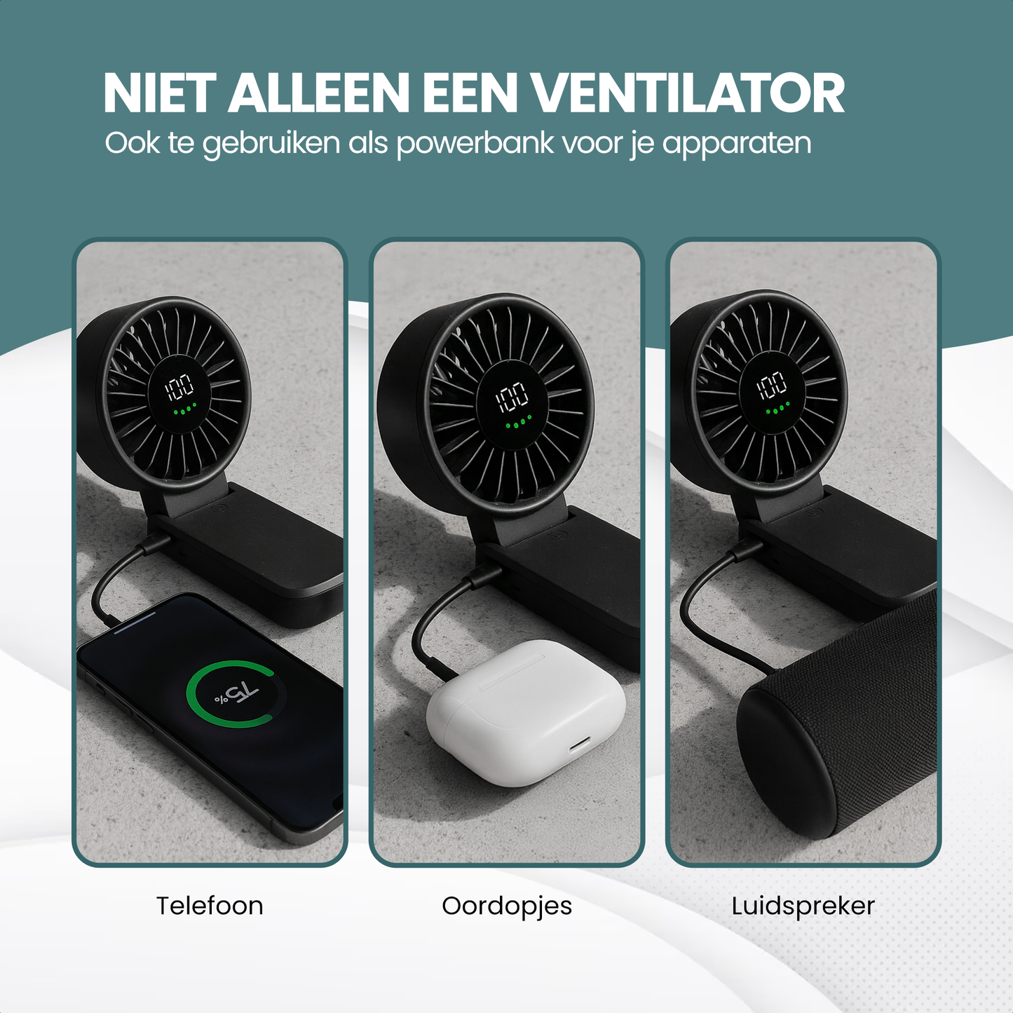 TTD® Handventilator Oplaadbaar - Mini Ventilator - 5 Standen met Digitaal Display - 150 Graden Draaibaar - Vasthouden, Neerzetten of aan Je Nek Hangen - USB-C Oplaadbaar - 5000 mAh Batterij