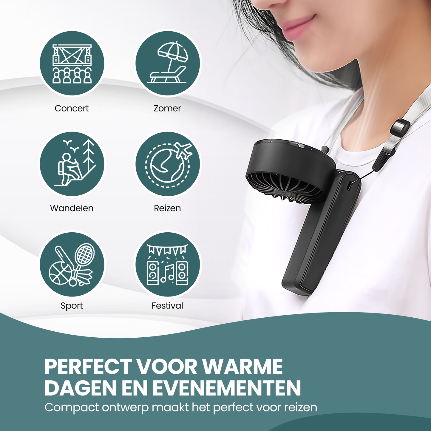 TTD® Handventilator Oplaadbaar - Mini Ventilator - 5 Standen met Digitaal Display - 150 Graden Draaibaar - Vasthouden, Neerzetten of aan Je Nek Hangen - USB-C Oplaadbaar - 5000 mAh Batterij