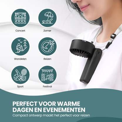 TTD® Handventilator Oplaadbaar - Mini Ventilator - 5 Standen met Digitaal Display - 150 Graden Draaibaar - Vasthouden, Neerzetten of aan Je Nek Hangen - USB-C Oplaadbaar - 5000 mAh Batterij