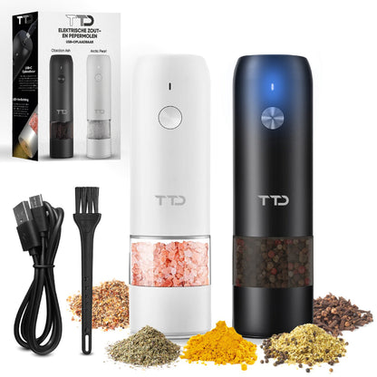 TTD® Premium Zout en Pepermolen Set Elektrisch - 45ml Capaciteit - USB-oplaadbaar - Peper en Zoutmolen set - Kruidenmolen - Zoutmolen - Pepermolen - Peper en Zoutmolen Oplaadbaar - Verstelbare maalgraad - LED-verlichting - 2 stuks - Zwart & Wit