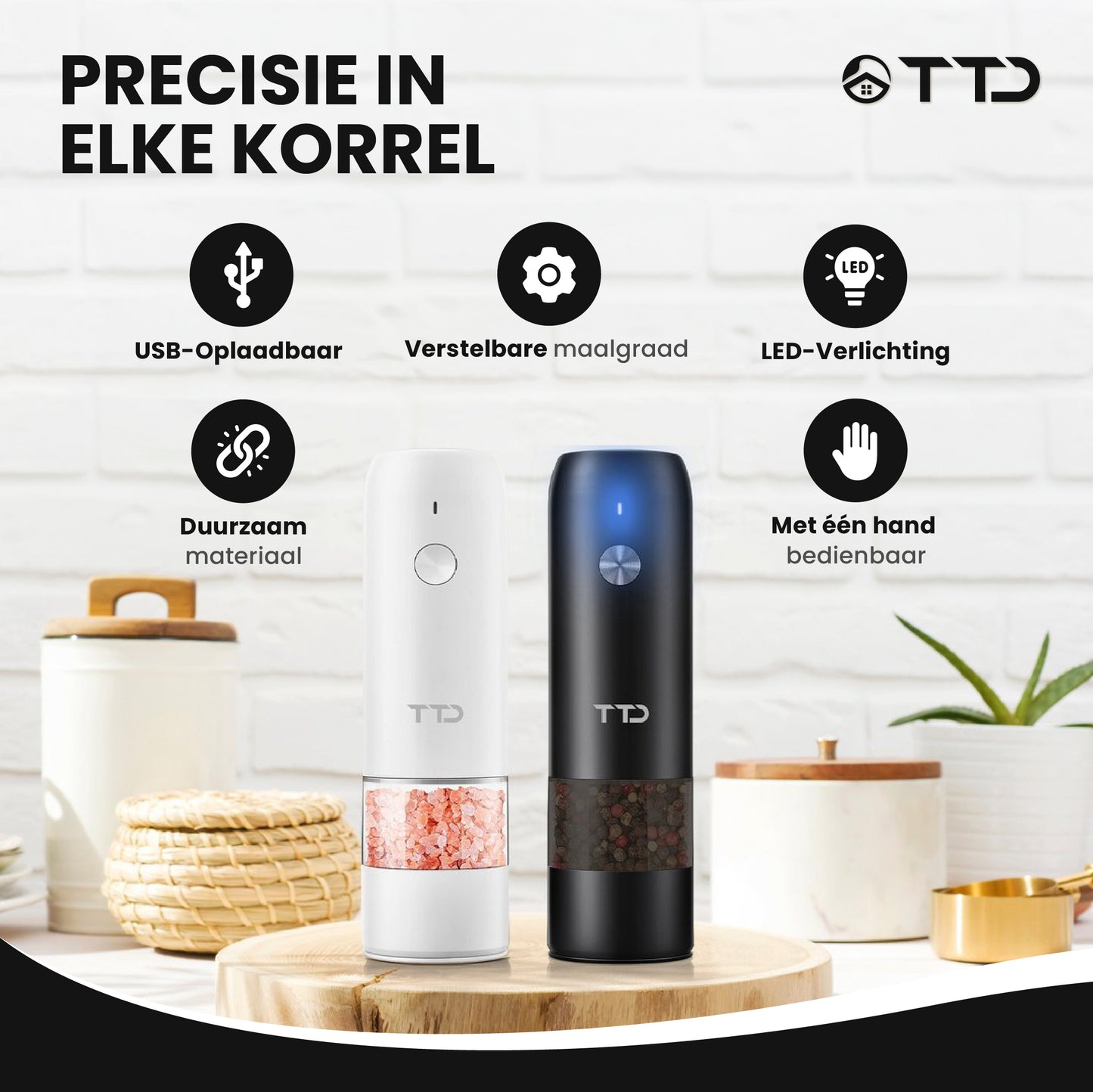 TTD® Premium Zout en Pepermolen Set Elektrisch - 45ml Capaciteit - USB-oplaadbaar - Peper en Zoutmolen set - Kruidenmolen - Zoutmolen - Pepermolen - Peper en Zoutmolen Oplaadbaar - Verstelbare maalgraad - LED-verlichting - 2 stuks - Zwart & Wit