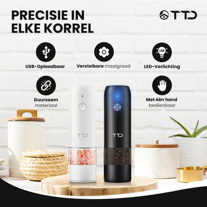 TTD® Premium Zout en Pepermolen Set Elektrisch XXL - 75 ml Capaciteit - USB-oplaadbaar - Peper en Zoutmolen set - Kruidenmolen - Zoutmolen - Pepermolen - Peper en Zoutmolen Oplaadbaar - Verstelbare maalgraad - LED-verlichting - 2 stuks - Zwart & Wit