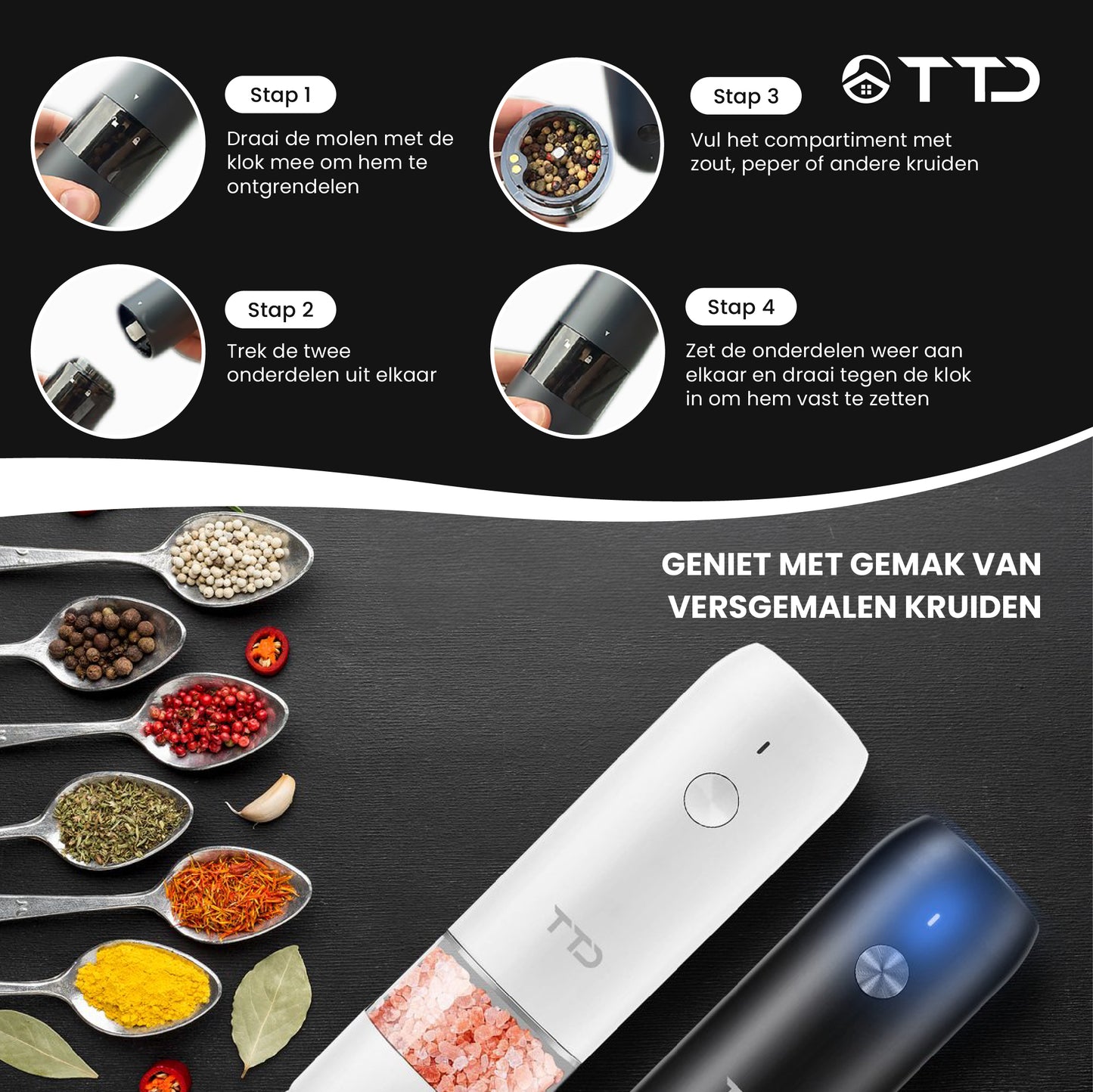 TTD® Premium Zout en Pepermolen Set Elektrisch - 45ml Capaciteit - USB-oplaadbaar - Peper en Zoutmolen set - Kruidenmolen - Zoutmolen - Pepermolen - Peper en Zoutmolen Oplaadbaar - Verstelbare maalgraad - LED-verlichting - 2 stuks - Zwart & Wit