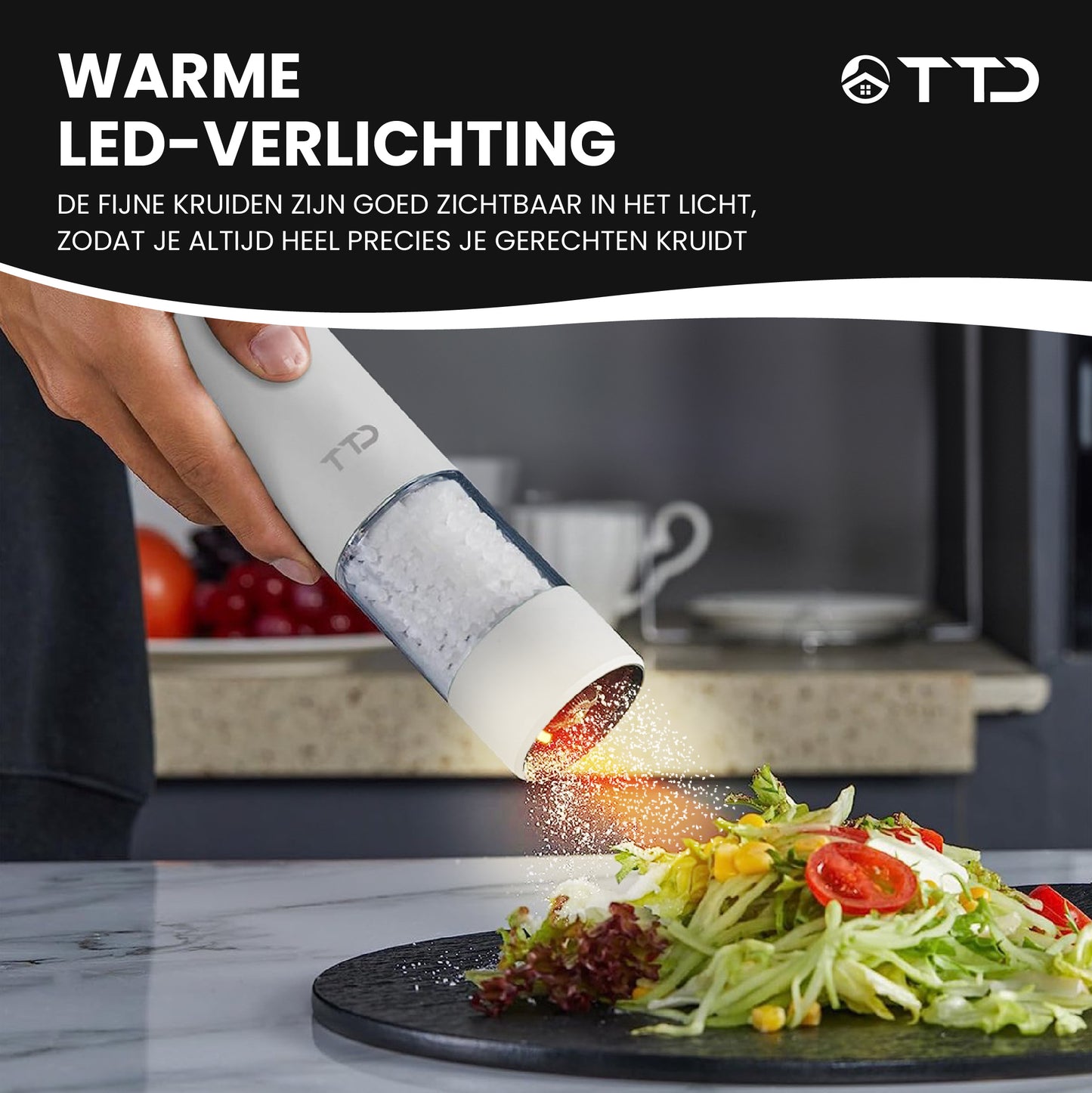 TTD® Premium Zout en Pepermolen Set Elektrisch XXL - 75 ml Capaciteit - USB-oplaadbaar - Peper en Zoutmolen set - Kruidenmolen - Zoutmolen - Pepermolen - Peper en Zoutmolen Oplaadbaar - Verstelbare maalgraad - LED-verlichting - 2 stuks - Zwart & Wit