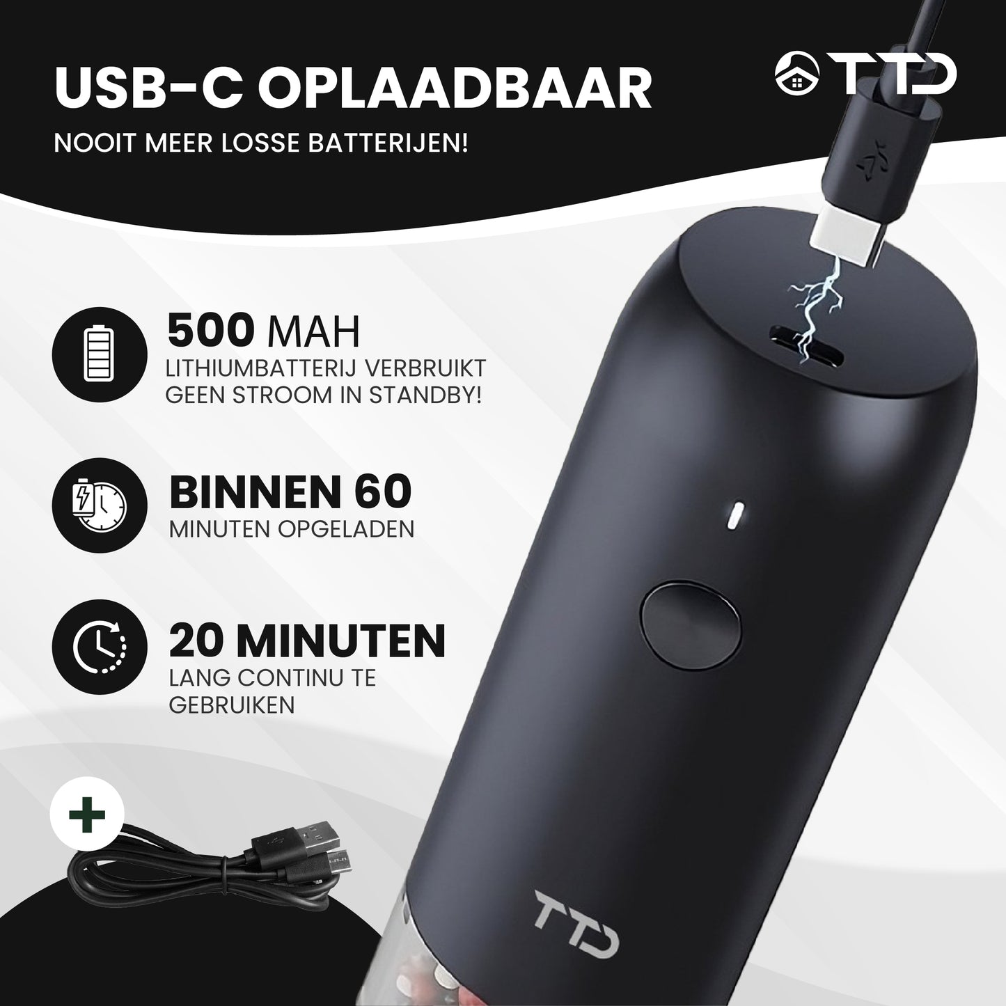 TTD® Premium Zout en Pepermolen Set Elektrisch - 45ml Capaciteit - USB-oplaadbaar - Peper en Zoutmolen set - Kruidenmolen - Zoutmolen - Pepermolen - Peper en Zoutmolen Oplaadbaar - Verstelbare maalgraad - LED-verlichting - 2 stuks - Zwart & Wit