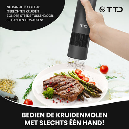 TTD® Premium Zout en Pepermolen Set Elektrisch - 45ml Capaciteit - USB-oplaadbaar - Peper en Zoutmolen set - Kruidenmolen - Zoutmolen - Pepermolen - Peper en Zoutmolen Oplaadbaar - Verstelbare maalgraad - LED-verlichting - 2 stuks - Zwart & Wit