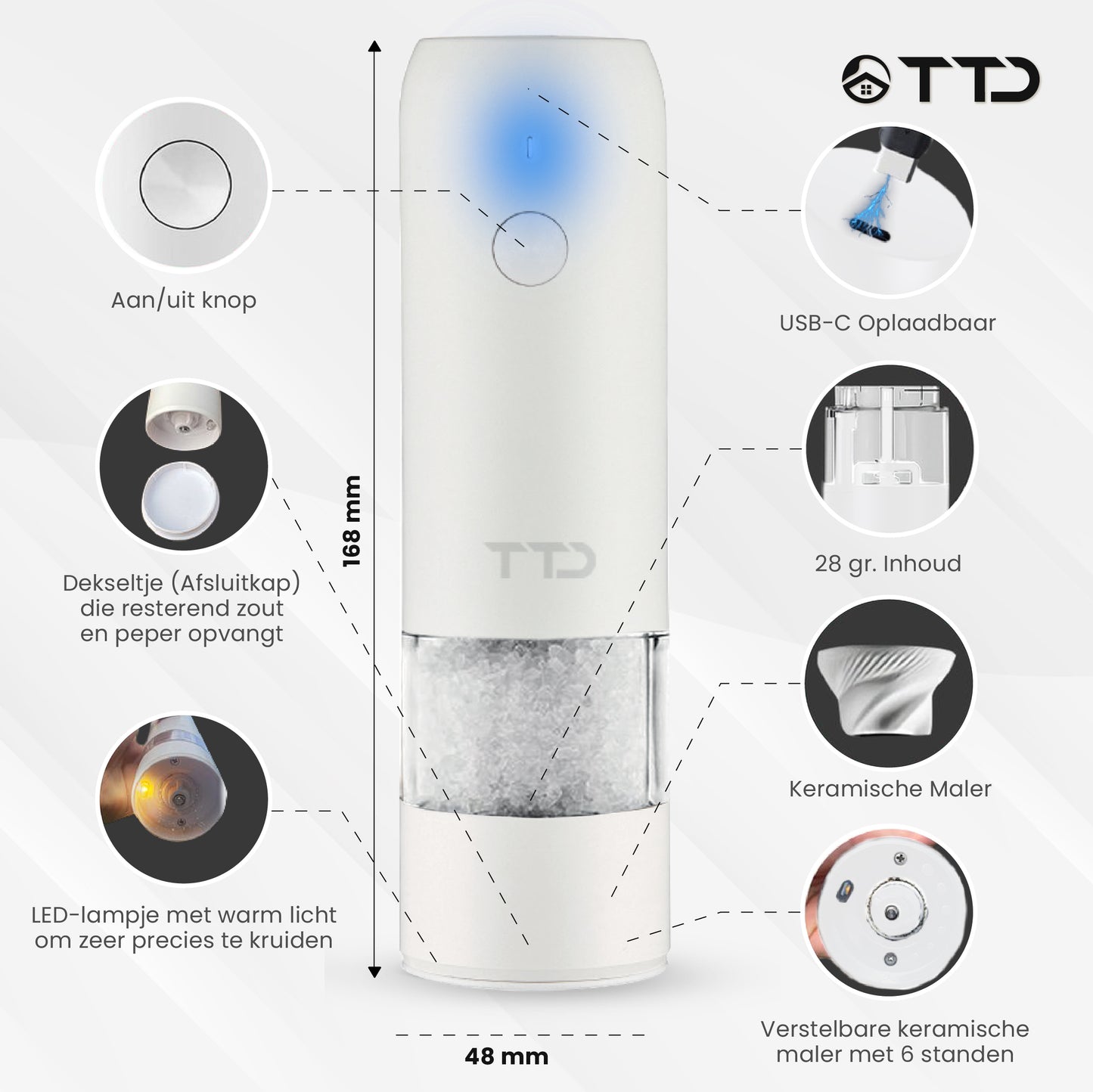 TTD® Premium Zout en Pepermolen Set Elektrisch XXL - 75 ml Capaciteit - USB-oplaadbaar - Peper en Zoutmolen set - Kruidenmolen - Zoutmolen - Pepermolen - Peper en Zoutmolen Oplaadbaar - Verstelbare maalgraad - LED-verlichting - 2 stuks - Zwart & Wit