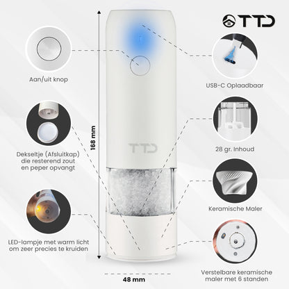 TTD® Premium Zout en Pepermolen Set Elektrisch XXL - 75 ml Capaciteit - USB-oplaadbaar - Peper en Zoutmolen set - Kruidenmolen - Zoutmolen - Pepermolen - Peper en Zoutmolen Oplaadbaar - Verstelbare maalgraad - LED-verlichting - 2 stuks - Zwart & Wit