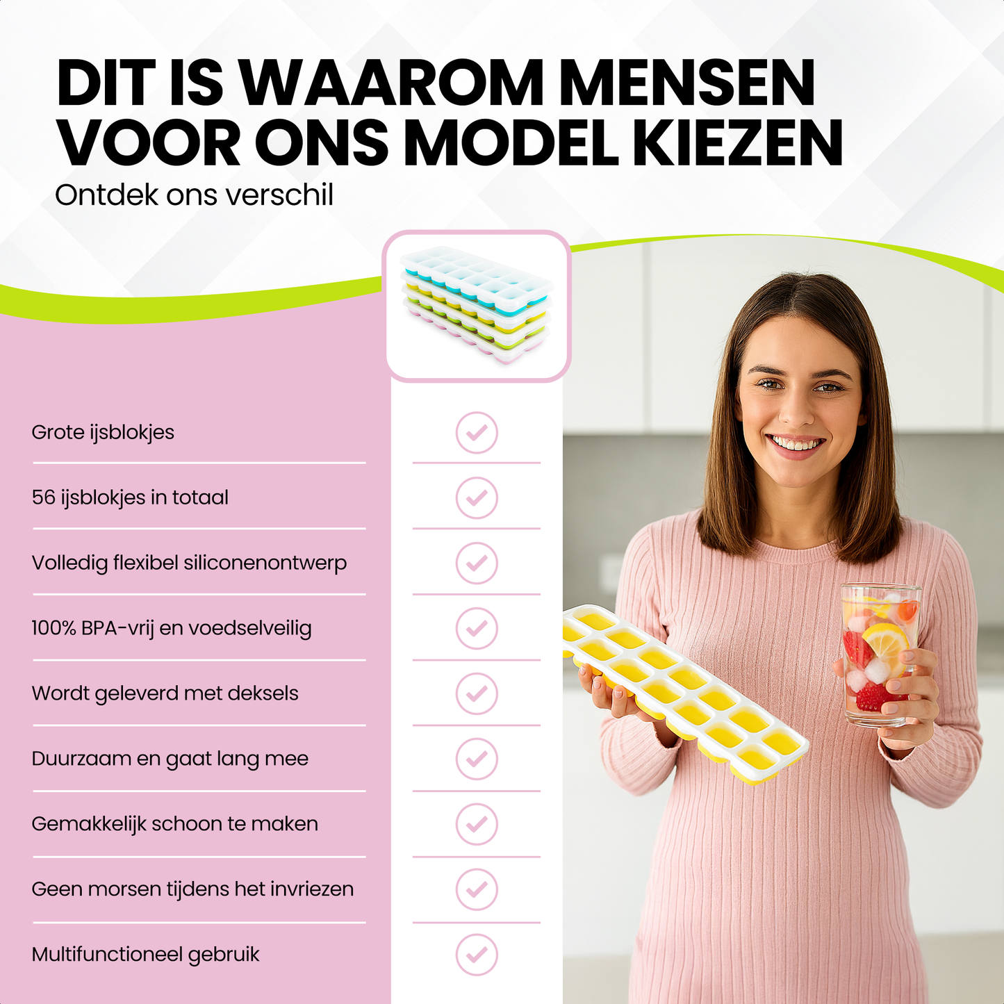 TTD® Siliconen IJsblokjesvorm met Deksel - Set van 4 - 14 x 4 IJsblokjes - Stapelbaar - BPA Vrij - IJsblokjes Zijn Makkelijk uit te Drukken